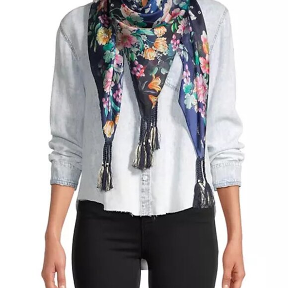 Johnny Was Bursting Scarf Navy Blue Floral Silk Square Large Women